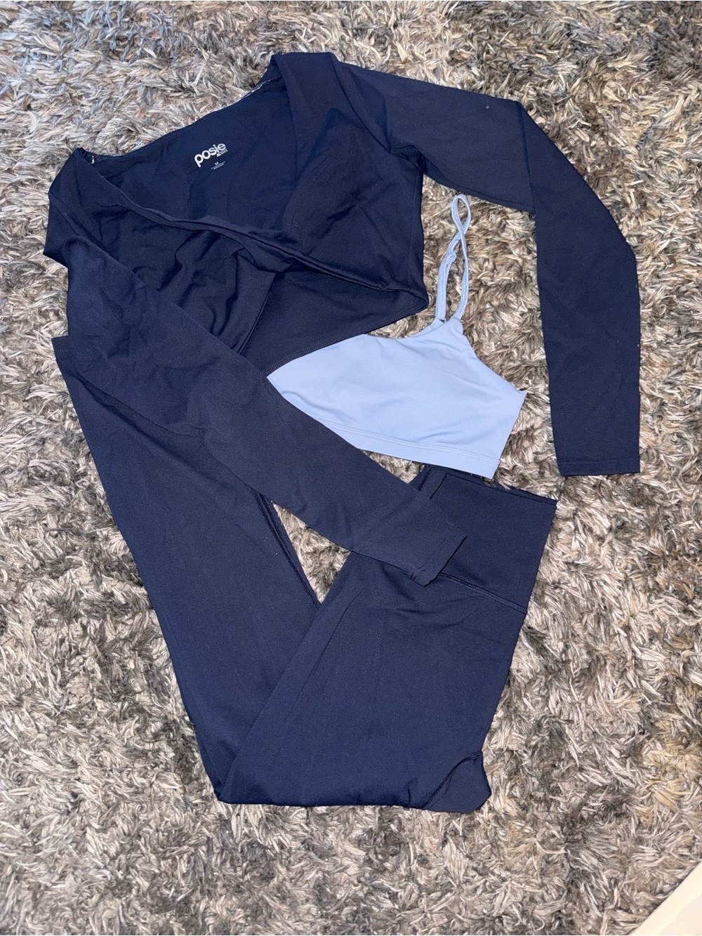 NWOT posie 3pc set with leggings, bra, and crisscross long sleeve overlay top!